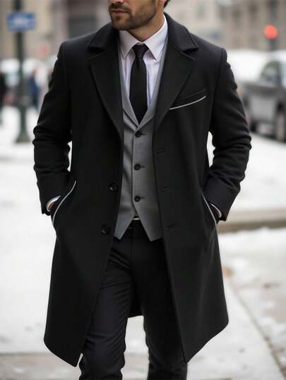 Manfinity Bizformal Abrigo casual de manga larga con botones delanteros y bolsillo para hombre, ideal como regalo para amigos, esposo o novio. Abrigo negro para hombre, abrigo cruzado para hombre, abrigo con cinturón para hombre, abrigo largo para hombre, ropa de abrigo elegante y clásica para iglesia, otoño/invierno