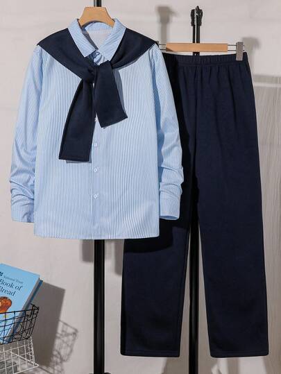 Conjunto de camisa de manga larga con cuello de chal a rayas y pantalones cepillados, estilo casual de escuela y transporte para adolescentes (niños), para primavera/otoño/invierno