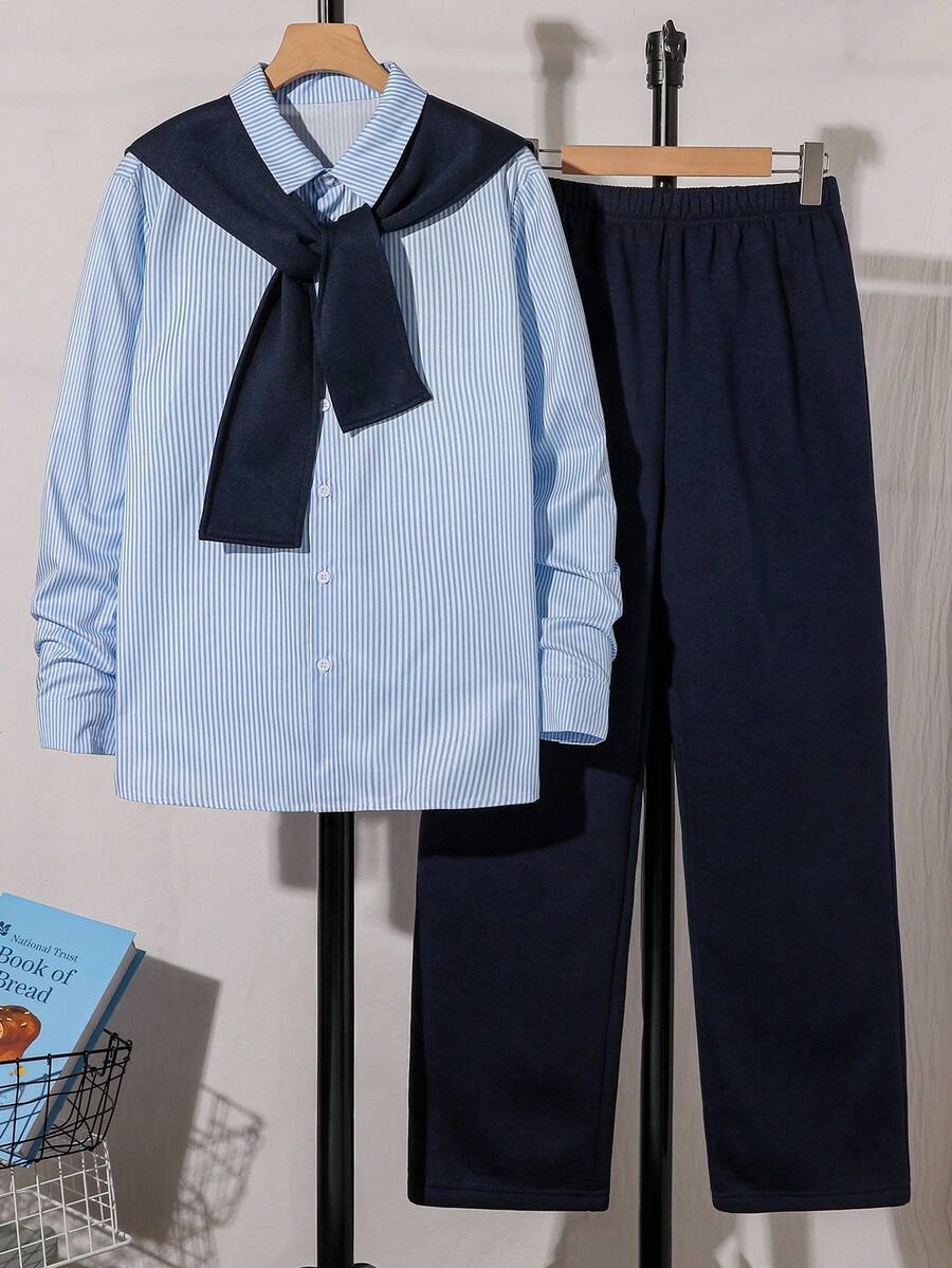 青少年（男孩）休闲通勤学院风条纹长袖披肩领衬衫搭配拉绒裤套装，春秋冬 - 藍色 - 查看 1