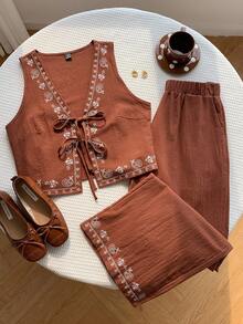 Comfortcana 波西米亚度假棕色编织印花系带套装 - 棕色 - 查看 3