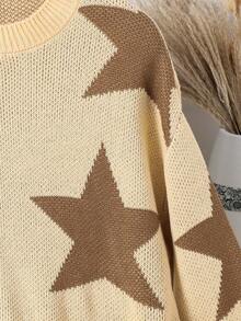 Teenager Fashion Pentagram Sweater, Loose Fit Comfortable Warm Gray Beige Knit Pullover, Casual Chic For Halloween, Daily, Holiday, Versatile - Apricot - View 3