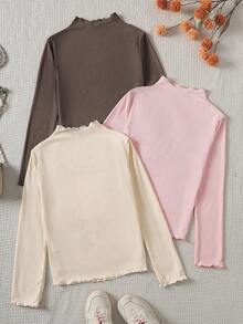 SHEIN 青少年女孩三件套休闲百搭纯色罗纹生菜边立领T恤 - 淺粉色 - 查看 2