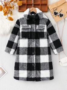 SHEIN 女童黑白格子休闲珊瑚绒长袖外套，适合秋冬季节，长款毛绒外套 - 黑與白 - 查看 2