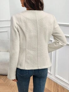 EMERY ROSE Fashionable Solid Color Waist Cinched Jacket, Autumn/Winter - White - View 2