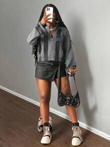 Slaydiva Cárdigan holgado y versátil con bloque de color y letras jacquard, estilo casual para mujer, otoño/invierno - Gris - Ver 10