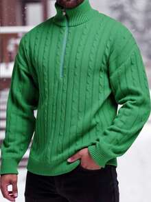 Manfinity Homme 男士休闲纯色拉链半襟粗针织毛衣，秋冬 - 薄荷綠 - 查看 5