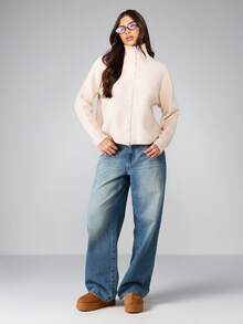 MISSGUIDED 奶油色半拉链高领针织开衫冬秋毛衣舒适保暖罗纹休闲日常外套经典基本款 - 杏色 - 查看 4