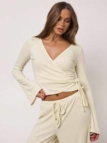 SHEIN BAE Women's Yellow Solid Color Simple Cashmere Knitted Open Placket Wrap Asymmetrical Strap Long-Sleeved Top, Autumn Top, Go Out, Home Leisure, Casual Top For Women,Casual Outfit For Women, Thanksgiving Outfit For Women,Christmas Clothes,Autumn Outfits For Women,