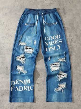 Street Life Pantaloni casual da uomo con vita con coulisse e stampa in denim e slogan