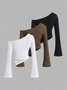 Sweetra Women's New Spring/Autumn Commuter Asymmetric Collar One Shoulder Ruched Waist Metal Decor Flared Cuff Top, 3 Pieces Set With Design Elements - Multicolor - View 2