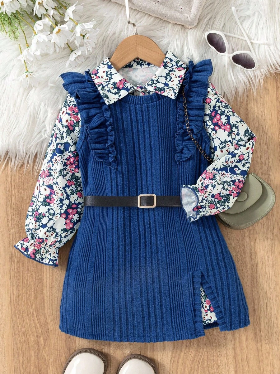 SHEIN 2件套少女花卉印花长袖衬衫裙和荷叶边背带裙 - 藍色 - 查看 1