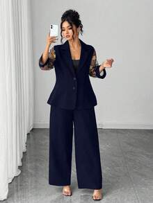 Elenzga Bộ vest thêu may đo cỡ lớn, cài một hàng khuy, tay áo 3/4, thắt eo, quần đồng bộ, bộ vest sang trọng khi đi làm - Màu xanh hải quân - Xem 5