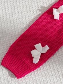 SHEIN Girls' Cute Knitted Cardigan, High-Quality Butterfly 3D Decor, Rose Red, White Bow Handmade, Soft & Comfortable, Warm For Autumn/Winter