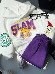 SHEIN 2件套男婴可爱卡通字母印花针织卫衣和运动裤套装，休闲运动，秋冬季男婴篮球服，男童篮球服，男婴足球服，男婴篮球服套装 - 彩色 - 查看 5