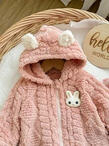 新生女婴可爱休闲秋冬粉色蓬松卡通图案连帽外套和裤子套装 - 彩色 - 查看 8