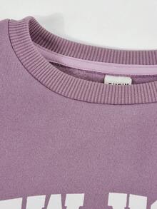 SHEIN Girlism Set de sudadera y pantalón de chándal con estampado de letras de ajuste holgado y cuello redondo para niñas preadolescentes, 2 piezas - Púrpura polvoriento - Ver 9