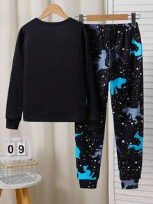 SHEIN 2 件套儿童/青少年男童休闲舒适印花圆领套头睡衣上衣和裤子针织家居服套装