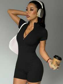 Dewbera Half Zip Ribbed Knit Sports Romper