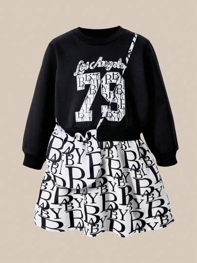 SHEIN Explorewe 年轻女孩甜美卡通女孩印花圆领长袖拼接中长款连帽连衣裙和包，儿童春秋户外玩耍和度假连衣裙