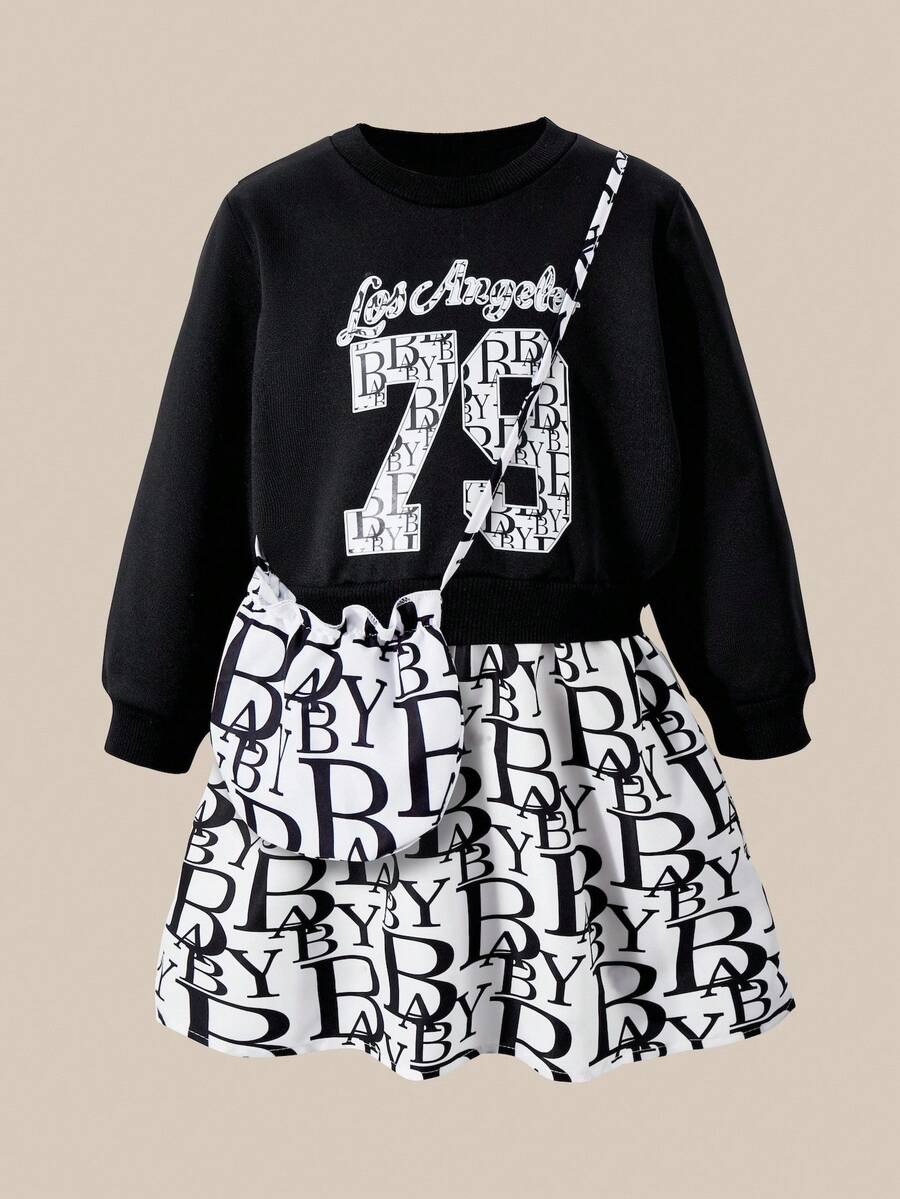 SHEIN Explorewe Young Girls' Sweet Cartoon Print Black Long Sleeve Patchwork Hoodie Dress With Bag,Children's Autumn School Outdoor Play & Holiday Mid-Length Dress - Black and White - View 1
