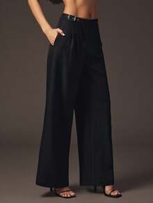 Hauture Formal Old Money Business Office Side Belt Detail Front Overlap Straight Leg Pant - Black - View 5