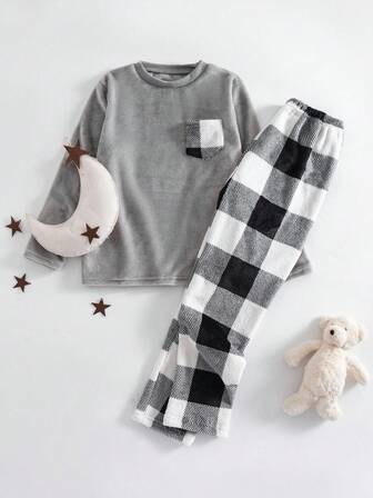 男童拼色格子口袋长袖睡衣套装，秋冬