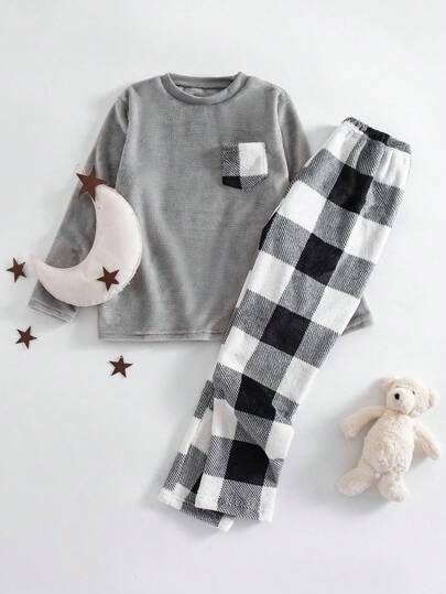 Genkimix Kids 男童拼色格子口袋长袖睡衣套装，秋冬