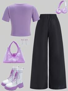 SHEIN ChillGRL Tween Girl Bow Print T-Shirt And Bow Decor Pants Set - Purple - View 2