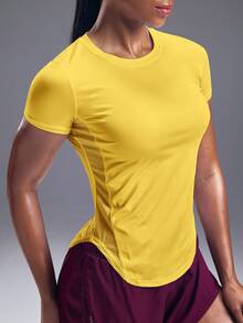 Powerista Fitness Workout Solid Color Round Neck Splice Short Sleeve Breathable T-Shirt Gym Women Shirts - Yellow - View 4