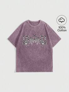 ROMWE Grunge Punk 深色蜘蛛骷髅标语加大码图形印花水洗宽松 T 恤，加大码 - 紫色 - 查看 1