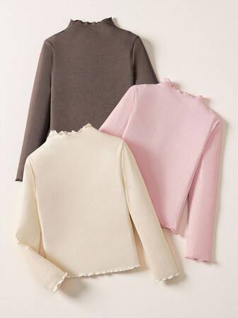 SHEIN Conjunto de 3 piezas informal y versátil para niña preadolescente, compuesto por una camiseta de cuello alto acanalada con ribete de lechuga en color liso