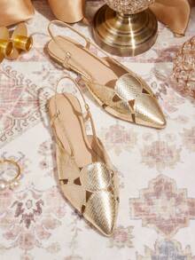 CUCCOO TILAWA Sandali piatti con punta affusolata e design traforato, scarpe da donna dallo stile elegante e britannico - Dorato - Visualizzare 2