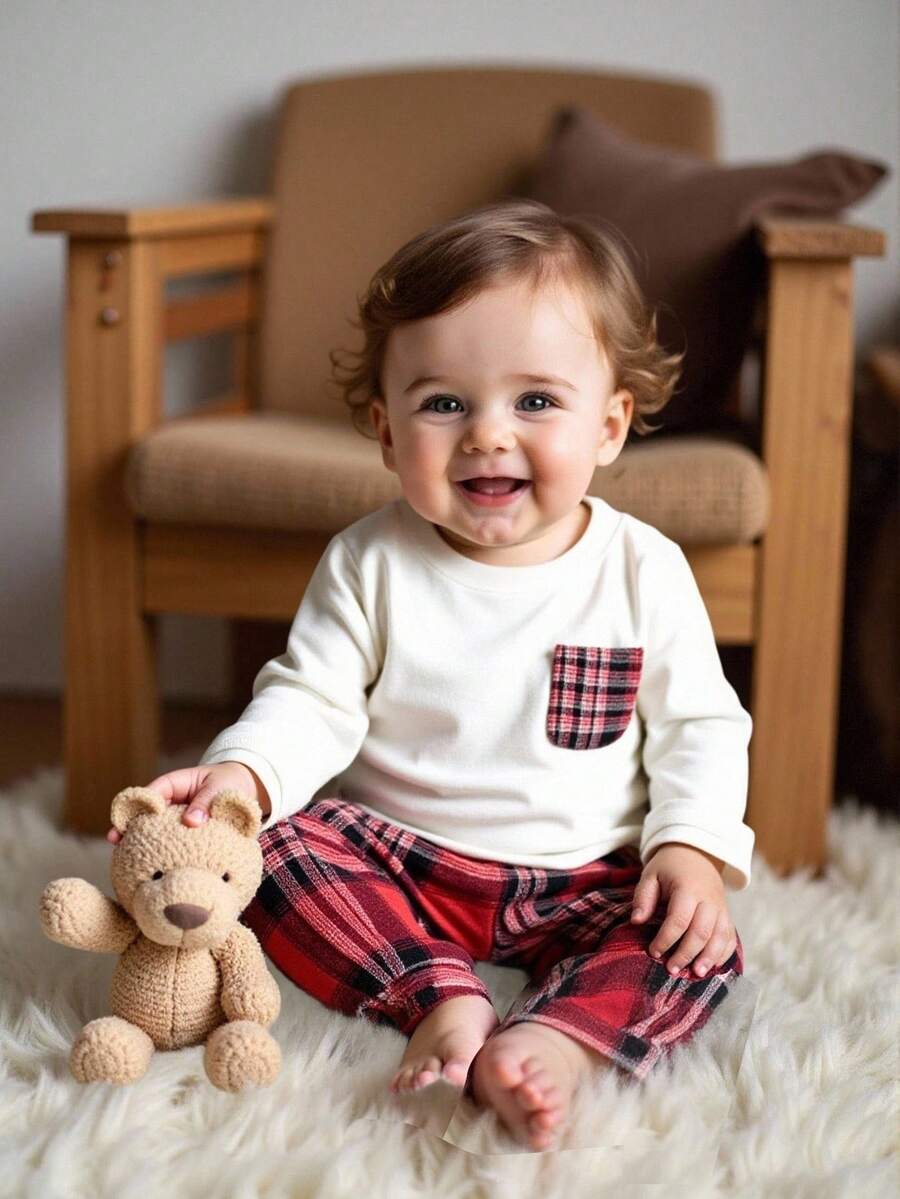 SHEIN Playful Pals Conjunto de bebé niño con top de manga larga de cuello redondo gris y pantalones a cuadros oscuros, estilo minimalista y silueta limpia, adecuado para uso al aire libre, compras y uso casual, primavera/otoño