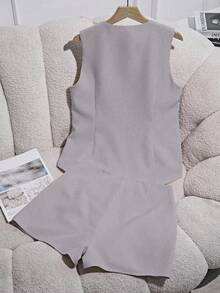 Franclia 2pcs/Set Women Solid Color Tie Front Vest And Shorts Casual Outfit - Dark Grey - View 2