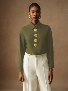 Vesra Women's Fashionable Commuter Metal Decor Solid Color Blouse Gold Buttons - Army Green - View 5