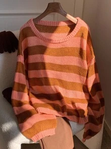 Comfortcana Suéter de Tricô Grosso de Manga Longa com Decote Redondo e Bloco de Cores Fashionista, Tricô Casual Versátil para Outono/Inverno