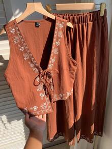 Comfortcana 波西米亚度假棕色编织印花系带套装 - 棕色 - 查看 6