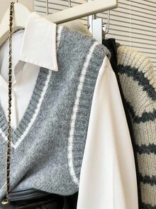 Franclia 法式复古宽松V领无袖撞色滚边灰色针织背心，适合秋冬季外出穿着 - 灰色 - 查看 6