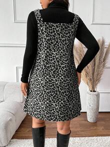 SHEIN Frenchy 女式加大码纯色立领上衣和豹纹无袖连衣裙两件套 - 淺灰色 - 查看 2