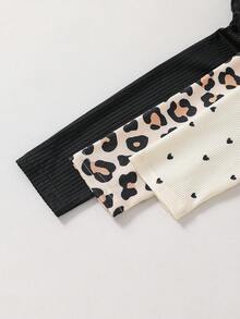 SHEIN 3 件套年轻女孩秋冬可爱百搭针织弹力喇叭袖长袖上衣套装，豹纹、波尔卡圆点、黑色罗纹圆领套头 T 恤 - 彩色 - 查看 7