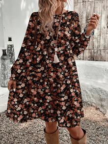 EMERY ROSE 秋冬季棕色花卉印花中长连衣裙，浪漫优雅，适合约会和旅行，送给母亲的礼物，适合约会的优雅，适合秋冬季、派对、秋季女士的渐变色连衣裙 - 彩色 - 查看 3