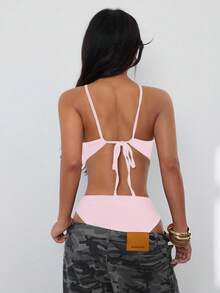 Flirla Petite Bộ đồ liền thân hở vai chéo dành cho kỳ nghỉ hè trên bãi biển dành cho nữ - Hồng - Xem 2