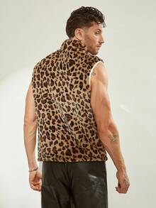 男士豹纹无袖拉链时尚背心，秋冬 - 棕色 - 查看 2