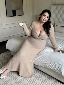 Flirla Sexy V-Neck Twist Knit Bodycon Dress, Autumn/Winter - Apricot - View 6