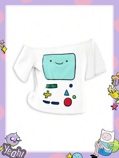 Adventure Time X ROMWE Women's Summer Off-Shoulder Funny Cartoon Graphic T-Shirt