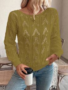 EMERY ROSE Vacation Style Casual Hollow Floral Pattern Off Shoulder Loose Fit Long Sleeve Pullover Sweater - Mustard Yellow - View 3