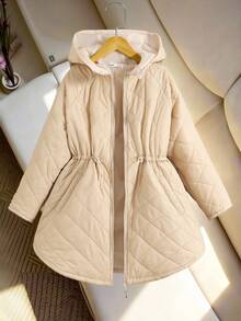 SHEIN 青少年女孩束腰宽松双面拉链厚款休闲冬季夹克 - 杏色 - 查看 1