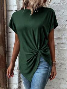EMERY ROSE Damen Rundhals Fledermausärmel Twist-Taillen-Design Lässig Einfarbiges T-Shirt - Grün - Übersicht 5