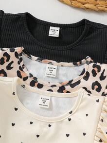 SHEIN 3 件套年轻女孩秋冬可爱百搭针织弹力喇叭袖长袖上衣套装，豹纹、波尔卡圆点、黑色罗纹圆领套头 T 恤 - 彩色 - 查看 4