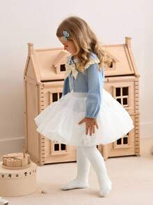 SHEIN Baby Girl's Fashion Princess Style 3D Bow Long Sleeve Top, Soft Fabric, Suitable For School, Indoor And Outdoor Activities, Autumn/Winter - Blue - View 3